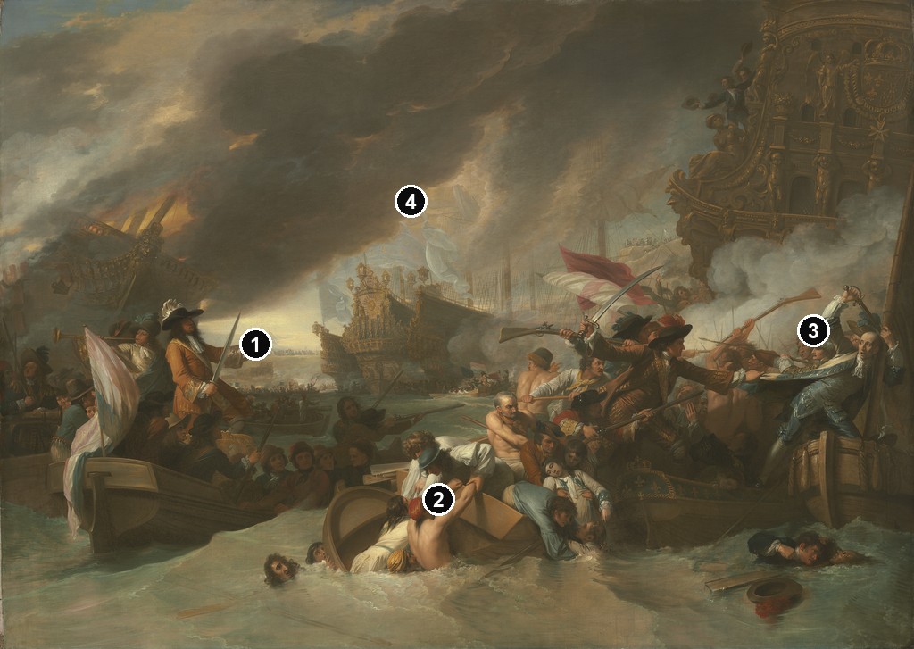 Annotated details from The Battle of La Hogue, 1778 by Benjamin West